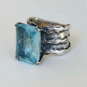 SILPADA Retired Oxidized Sterling Silver 925 Aqua Blue Glass Ring Sz 7 3/4 R1608